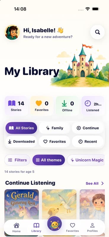 Production StoryWeaver iOS library screen with story counts and continue listening