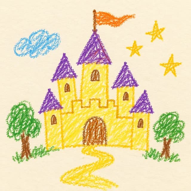 A child's own crayon picture of a yellow castle with purple roofs, an orange flag, and green trees