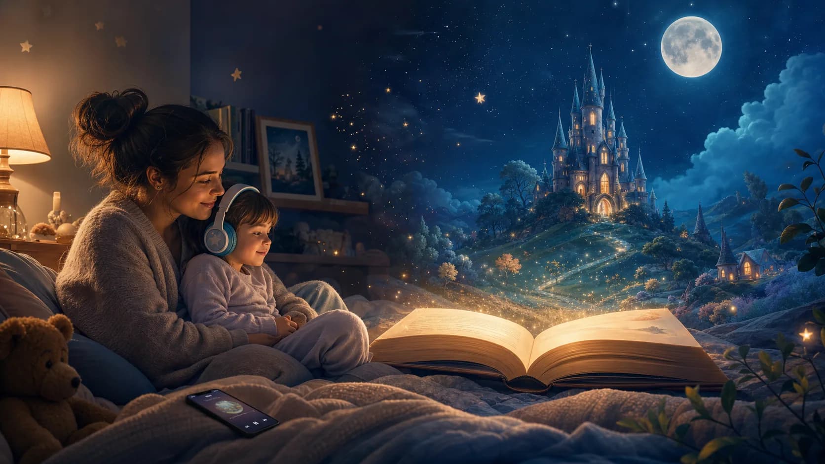 A parent and child share a cosy storytime as a glowing storybook opens into a moonlit castle