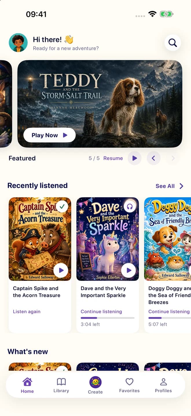 StoryWeaver Home with Teddy and the Storm-Salt Trail, recently listened stories, and listening progress
