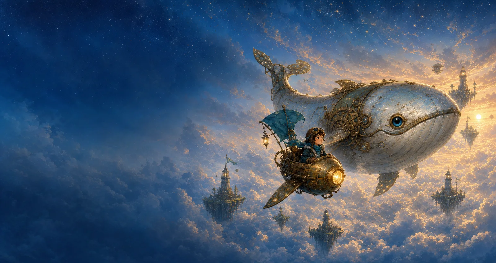 The enormous silver and brass Clockwork Cloud Whale glides through golden clouds above floating castles.