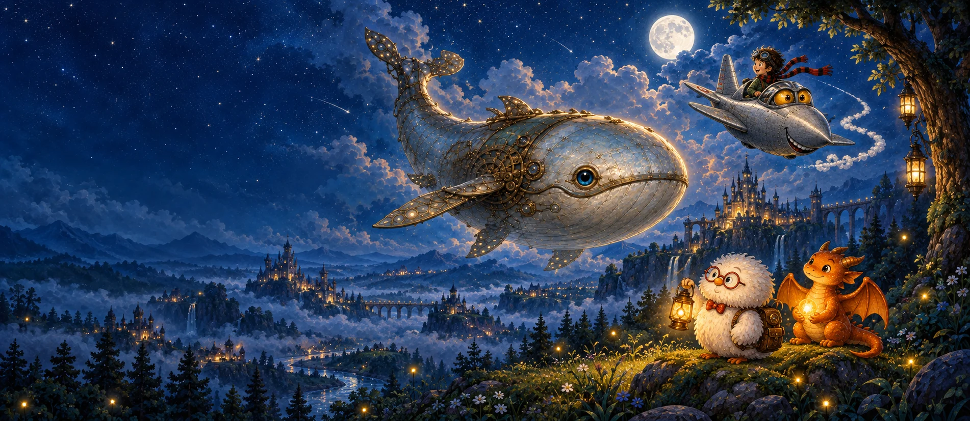 The Clockwork Cloud Whale and Bramblewing soar over a moonlit valley, while Professor Puffwhistle and Ember share a warm glow in the foreground.
